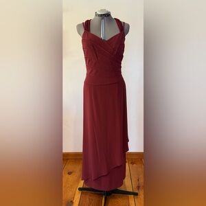 Burgundy gown with layered skirt, draped bodice, and flowing straps. Size 14